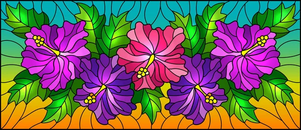 Ilustración Estilo Vitral Con Flores Hojas Hibisco Sobre Fondo Azul — Archivo Imágenes Vectoriales