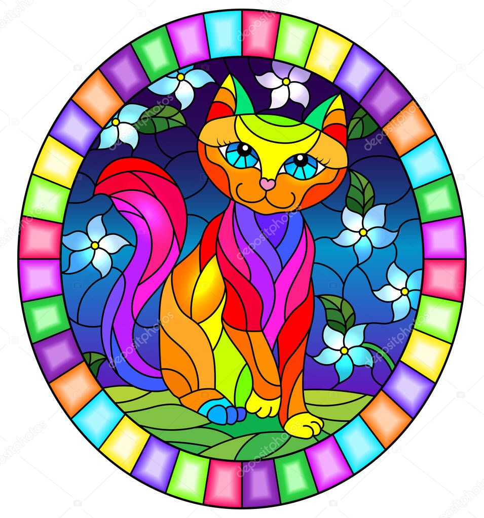 Illustration in stained glass style with a  cute rainbow cat on a background of meadows, bright flowers and sky, oval image in bright frame 