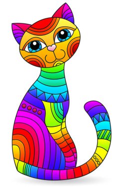 Beyaz bir arka planda izole edilmiş soyut bir gökkuşağı kedisi ile renklendirilmiş cam tarzı bir resim