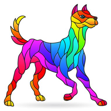 Beyaz arka planda izole edilmiş parlak gökkuşağı köpeğiyle boyalı cam tarzında bir resim.