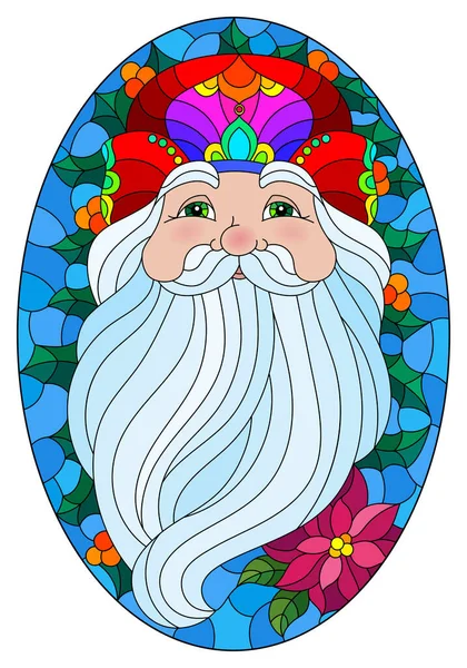 Illustration Vitrail Avec Portrait Père Noël Des Branches Houx Sur — Image vectorielle