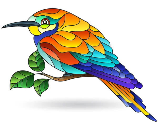 用色彩斑斓的玻璃窗画图 树枝上有一只明亮的小鸟 背景为白色 — 图库矢量图片
