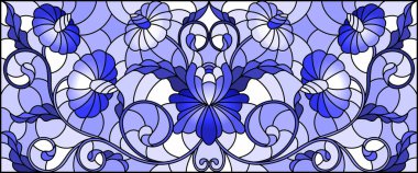 Soyut çiçekleri, açık arkaplanda girdapları ve yaprakları, ton mavisi, yatay yönelimi ile renklendirilmiş cam tarzında resimleme