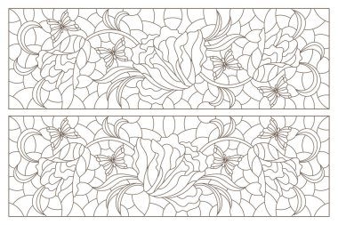 İç içe geçmiş laleler, beyaz arka planda koyu renk çizgiler olan boyalı camların çizimleri.