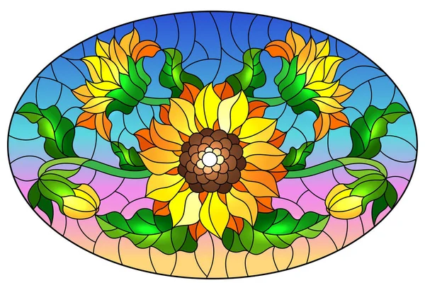 Ilustración Estilo Vitral Con Ramo Girasoles Flores Brotes Hojas Flor — Archivo Imágenes Vectoriales