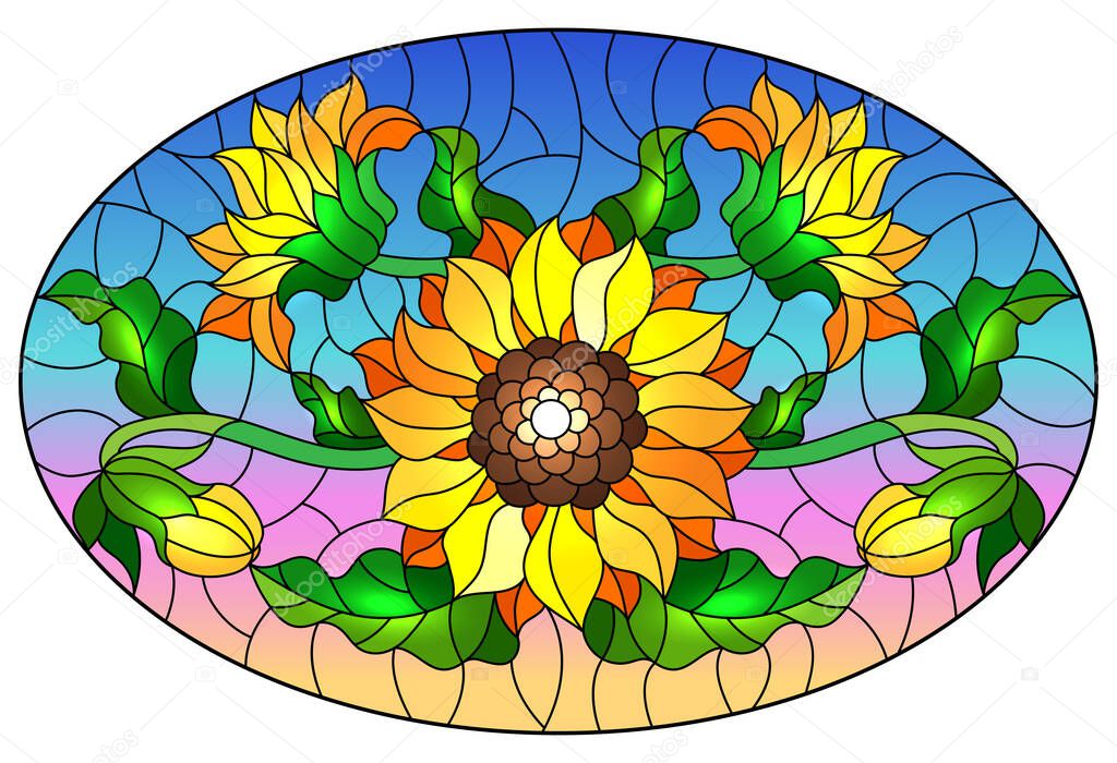 Illustration in stained glass style with a bouquet of sunflowers, flowers,buds and leaves of the flower on blue background, oval image