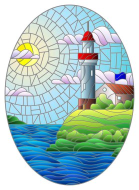 Deniz arka planında bir deniz feneri ve güneşli bir gökyüzü, oval görüntü ile boyalı cam tarzında bir resim.