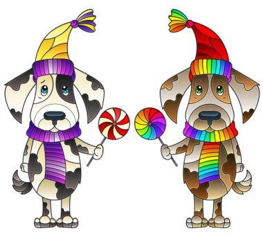 Komik çizgi film köpekleri ve beyaz arka planda izole edilmiş hayvanlar ile boyalı cam tarzında çizimler.