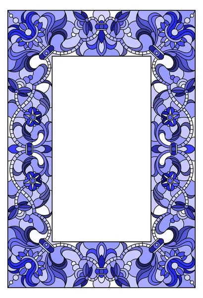 Ilustração Moldura Flor Estilo Vitral Flores Folhas Quadro Tom Azul —  Vetores de Stock