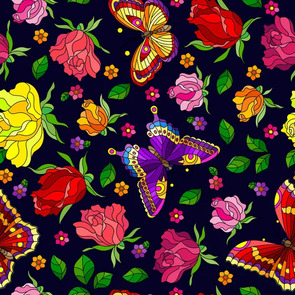 Nahtloses Muster Mit Rosenblüten Und Schmetterlingen Hellen Blüten Und Insekten — Stockvektor