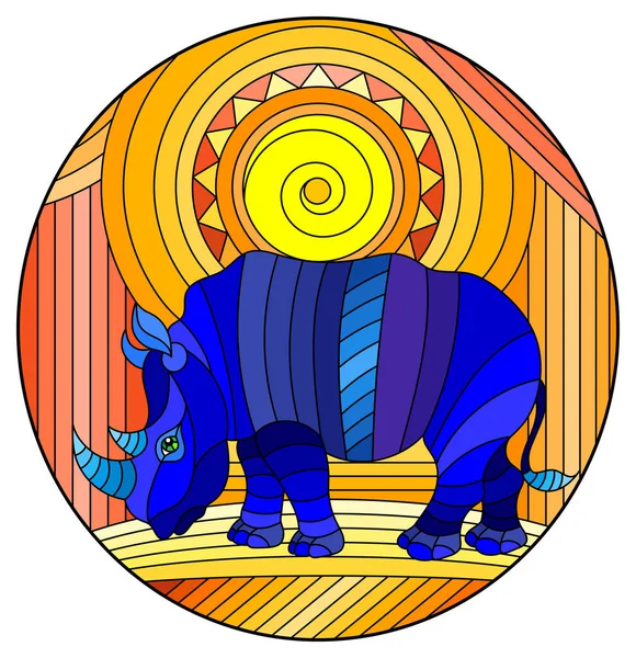 Ilustração Estilo Vitral Com Rinoceronte Azul Engraçado Sol Fundo Laranja — Vetor de Stock