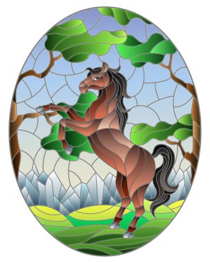 Ağaçların, dağların, gökyüzünün, oval görüntünün arka planında vahşi at figürleri.