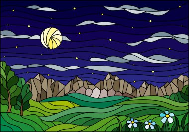 Yazın manzarası, tarlaları ve dağları yıldızlı gökyüzü ve aya karşı boyalı cam tarzında bir resim.