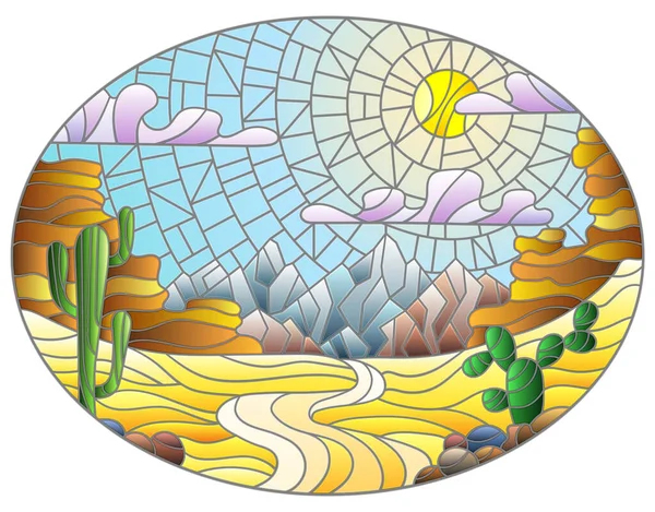 Ilustrace Stylu Vitráže Pouštní Krajinou Kaktus Pozadí Dun Obloha Slunce — Stockový vektor