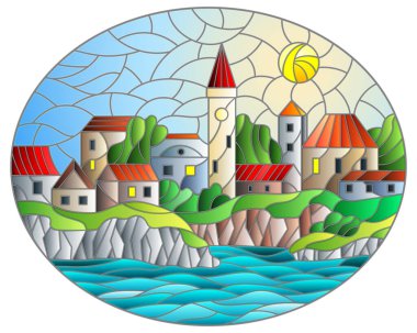 Gündüz gökyüzü ve güneşin arka planında nehir ve şehir ile boyalı cam tasviri, oval görüntü