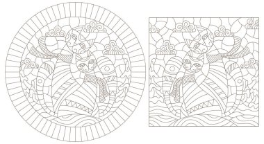 Bir çift kedinin kış manzarasına karşı durduğu boyalı cam pencerelerin çizimleri, beyaz arka planda koyu çizgiler.
