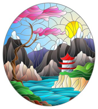 Dağların arka planında bir doğu tapınağı, güneşli bir gökyüzü ve bir göl ile boyalı cam bir manzara.