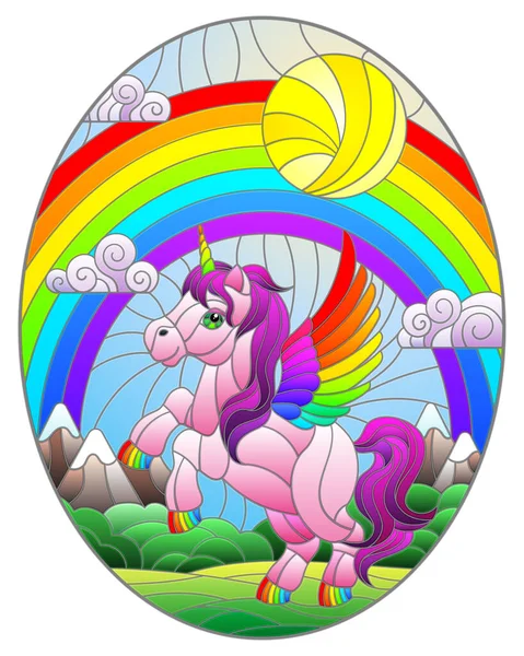 空を背景にピンクの漫画ユニコーンとステンドグラスのスタイルでイラスト 楕円形の画像 — ストックベクタ