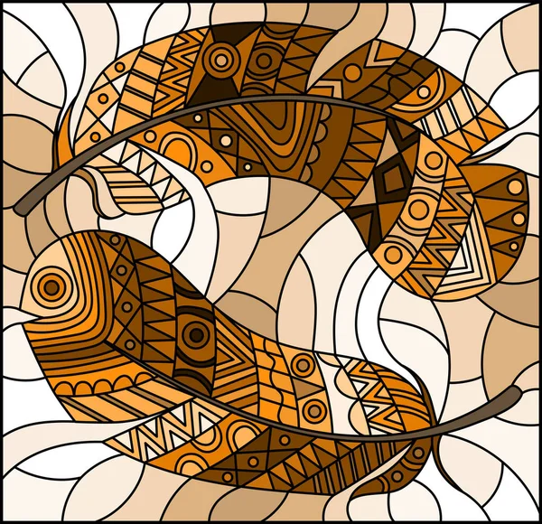 Ilustracja Stylu Witrażu Wzorzystymi Piórami Jasnym Tle Ton Brązowy Sepia — Wektor stockowy