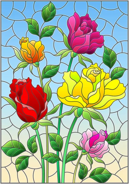 Illustration Glasmalereistil Mit Einem Strauß Rosen Auf Blauem Hintergrund — Stockvektor