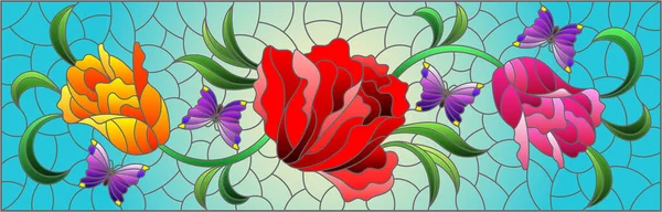 Ilustrace Stylu Barevného Skla Květinovým Uspořádáním Tulipánů Motýlů Modrém Pozadí — Stockový vektor