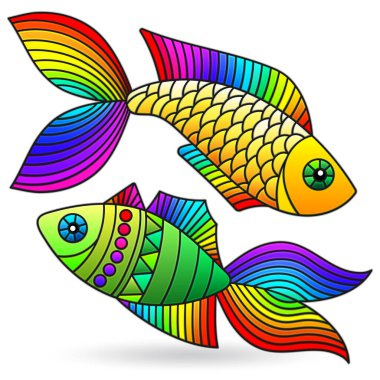Beyaz bir zemin üzerinde izole edilmiş parlak gökkuşağı soyut balığıyla boyalı cam tarzında bir dizi çizim.