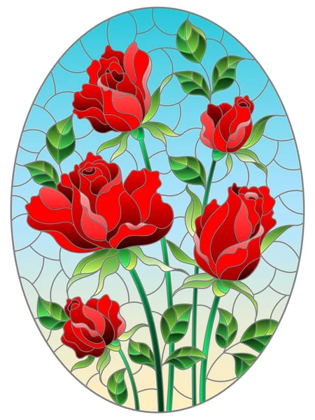 青の背景に赤いバラの花束とステンドグラスのスタイルでイラスト 楕円形の画像 — ストックベクタ