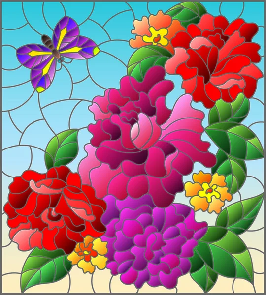 Ilustración Estilo Vitral Con Flores Rosas Una Mariposa Sobre Fondo — Vector de stock