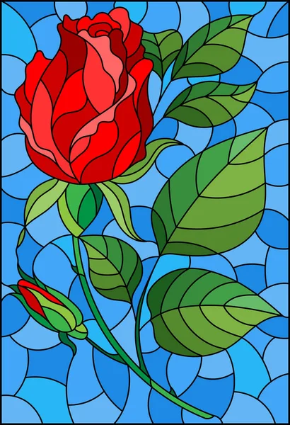 Ilustración Estilo Vidriera Flor Rosa Roja Sobre Fondo Azul — Vector de stock