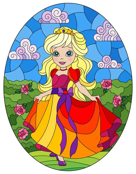 Illustration Style Vitrail Avec Une Jolie Princesse Sur Fond Fleurs — Image vectorielle