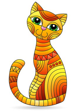 Beyaz arka planda izole edilmiş soyut kırmızı bir kedi ile renklendirilmiş cam tarzı bir resim