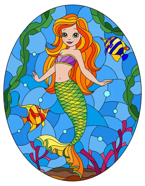 Ilustración Estilo Vitral Con Linda Chica Sirena Dibujos Animados Fondo — Vector de stock