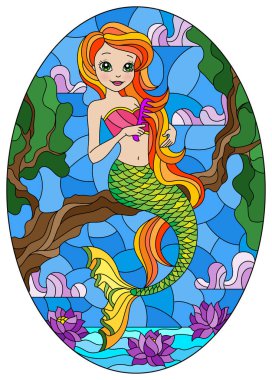 Su ve gökyüzünün arka planında bir ağaç dalında oturan sevimli çizgi film deniz kızı ile boyalı cam tarzında bir resim, parlak çerçeveli, oval görüntü