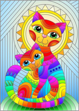 Soyut bir geometrik gökyüzü ve güneşin arka planında parlak bir gökkuşağı kedisi ve kedi yavrusu olan boyalı cam tarzı bir resim, dikdörtgen bir görüntü.