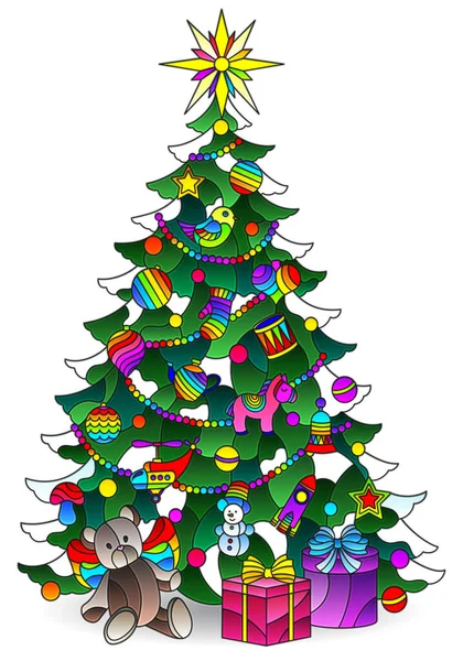 Illustration Stained Glass Style Christmas Tree Gifts Isolated White Background — Stock Vector