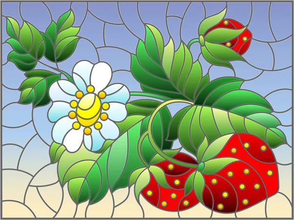 Böğürtlenli Yapraklı Mavi Arka Planda Çilek Çiçekli Lekeli Cam Çizimler — Stok Vektör