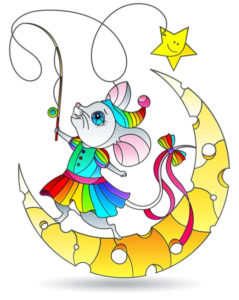 白い背景に隔離された月に釣竿を持つ明るいマウスでステンドグラスのイラスト — ストックベクタ