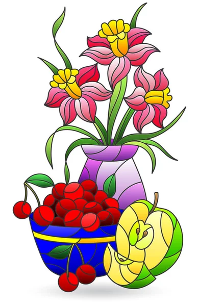 Ilustrace Stylu Vitráže Zátiší Džbán Květinami Ovocem Izolované Bílém Pozadí — Stockový vektor