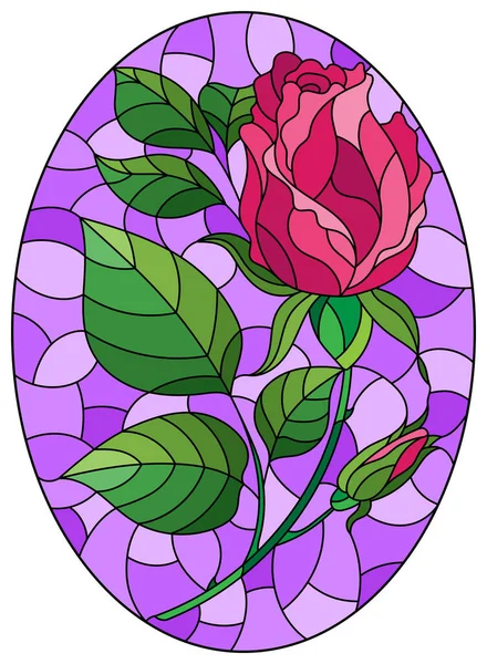 Ilustración Estilo Vidriera Flor Rosa Sobre Fondo Púrpura Imagen Ovalada — Vector de stock