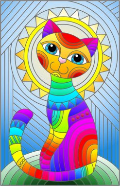 Soyut bir geometrik gökyüzü ve güneşin arka planında parlak bir gökkuşağı kedisi olan boyalı cam tarzı bir resim, dikdörtgen bir görüntü.