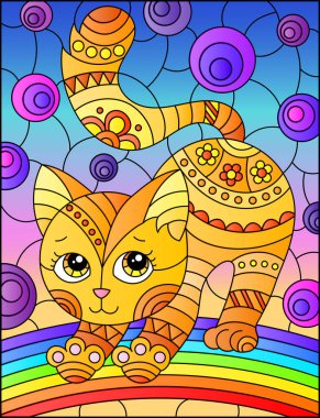 Gökyüzü arka planında gökkuşağı olan soyut kırmızı kediyle renklendirilmiş cam tarzında bir resim 