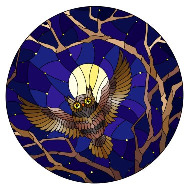 Gece karanlığında muhteşem baykuşla boyalı vitraylı cam resim ve ağacın dalları arasında ay, yuvarlak görüntü.
