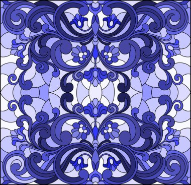 Soyut çiçekler, açık arkaplanda girdaplar ve yapraklar, ton mavisi ile renklendirilmiş cam tarzı bir resim