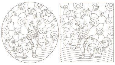 Soyut köpeklerle mozaik cam tarzında tasvir çizimleri, beyaz arkaplanda koyu çizgiler