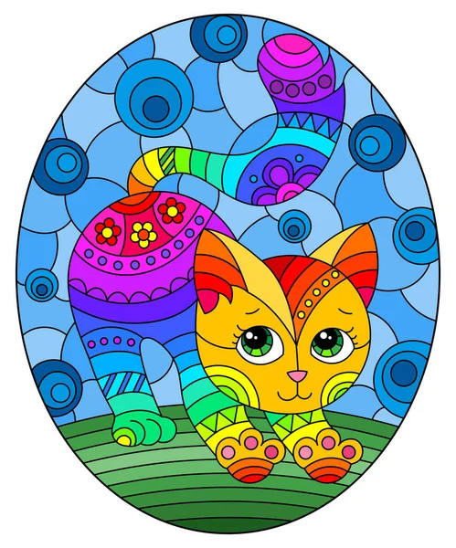 Ilustración Estilo Vidriera Con Gato Arco Iris Lindo Abstracto Sobre — Vector de stock