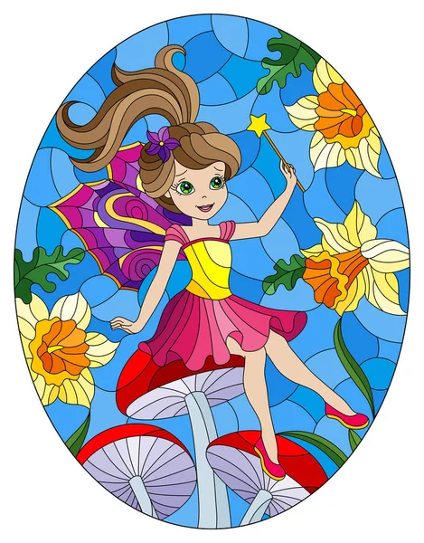 キノコの背景に明るいドレスでかわいい漫画の妖精とステンドグラスのスタイルでイラスト 楕円形の画像 — ストックベクタ