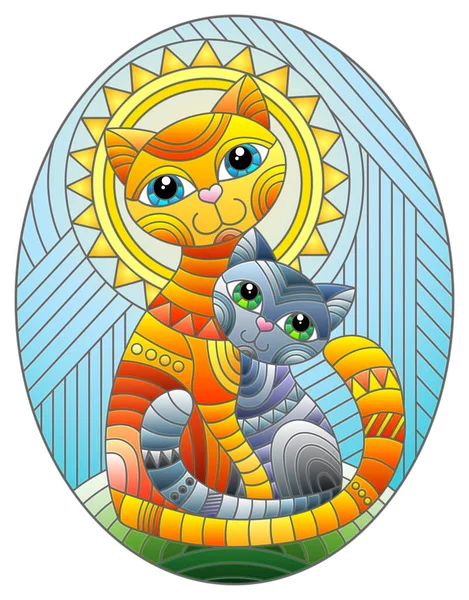 Illustration Färgat Glas Stil Med Ljus Katt Och Kattunge Bakgrunden — Stock vektor