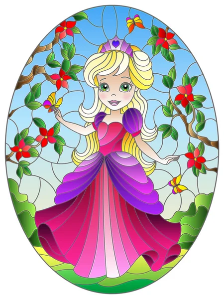 Illustration Glasmalerei Stil Mit Einer Netten Prinzessin Auf Einem Hintergrund — Stockvektor