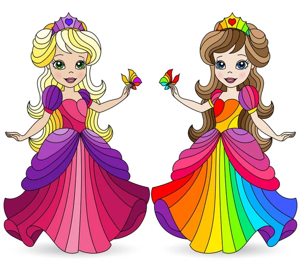 Set Van Illustraties Glas Lood Stijl Met Princess Meisjes Heldere — Stockvector