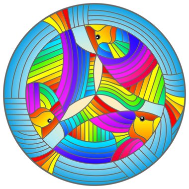 Geometrik mavi zemin üzerinde parlak gökkuşağı soyut balığıyla renklendirilmiş cam tarzı resim, yuvarlak resim